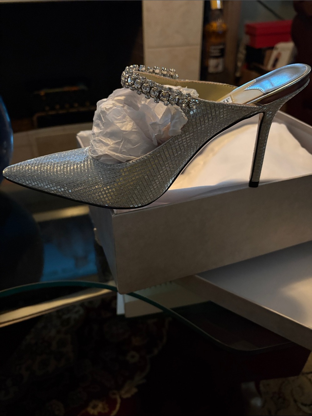 Women's Silver Pointed-Toe Embellished Mule Heels